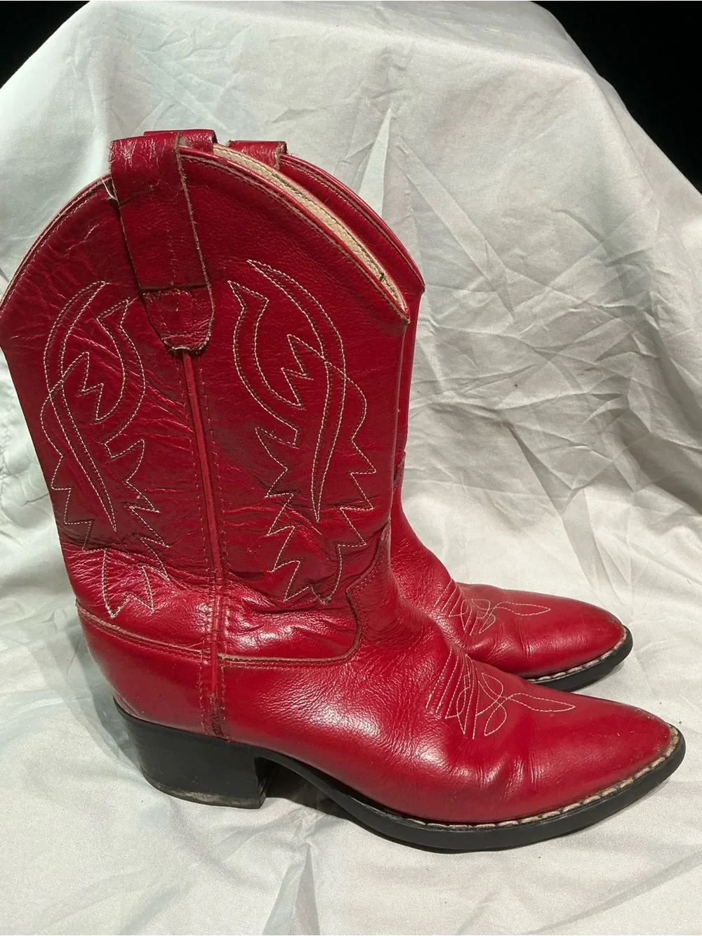 Old West Kids Red Leather Cowgirl Boots Pointed J-Toe Size Youth 3